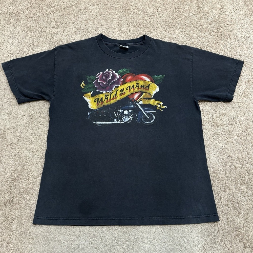 Vintage 90s Wild As The Wind T-Shirt Men's Large Faded Black Biker Motorcycle